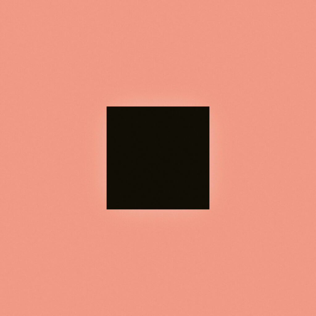 Cover art for Bon Iver's LP entitled fABLE. A salmon square with a smaller near-black square in the center.